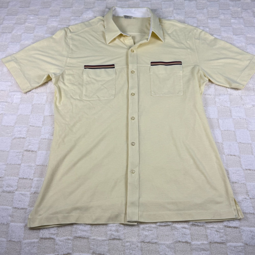 Joel Profiles Mens Button Polo Shirt SIze Large‎ Yellow with Striped Pockets
